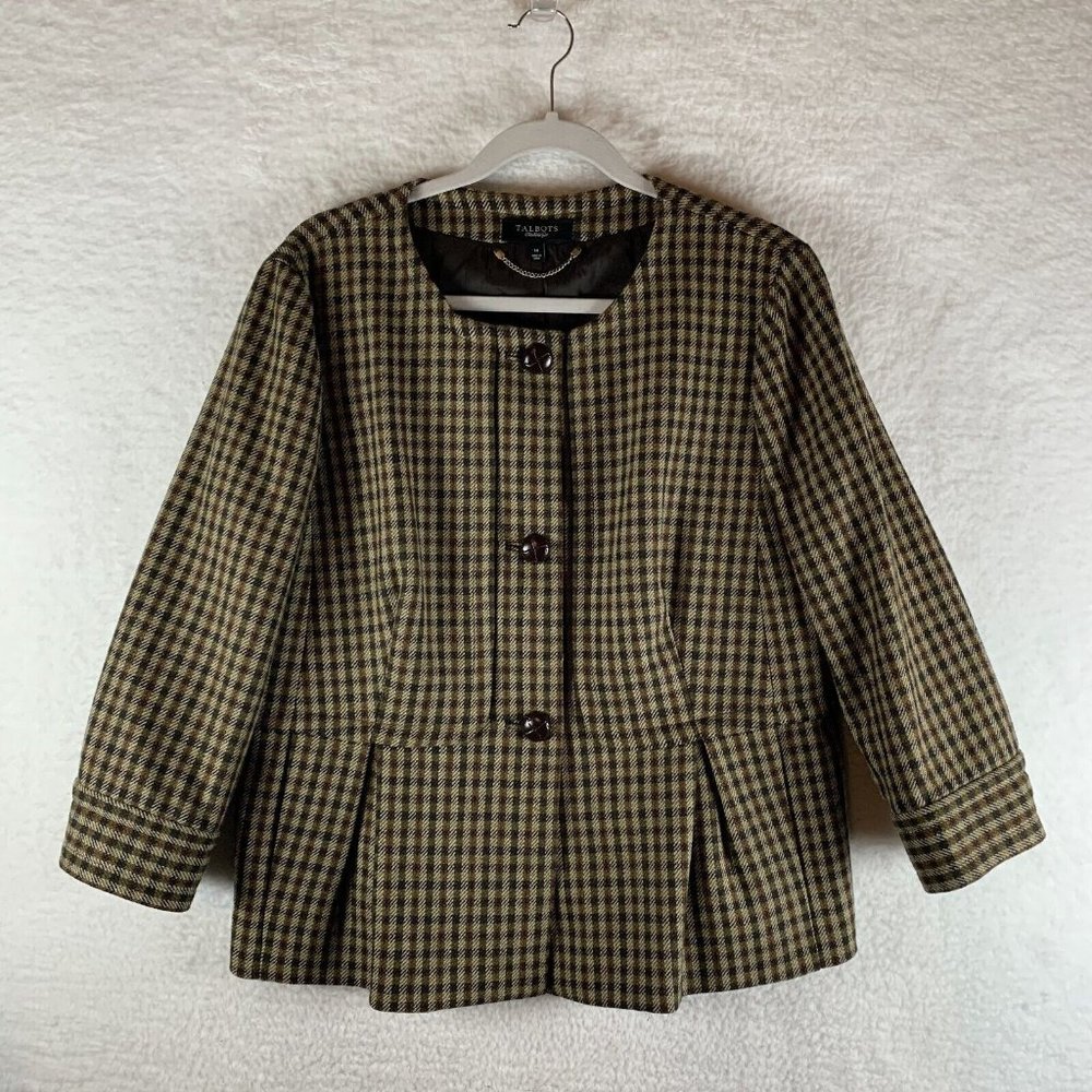 Talbots Blazer Jacket Women's 14 Brown Plaid Houndstooth‎ Wool Button-Front 7802